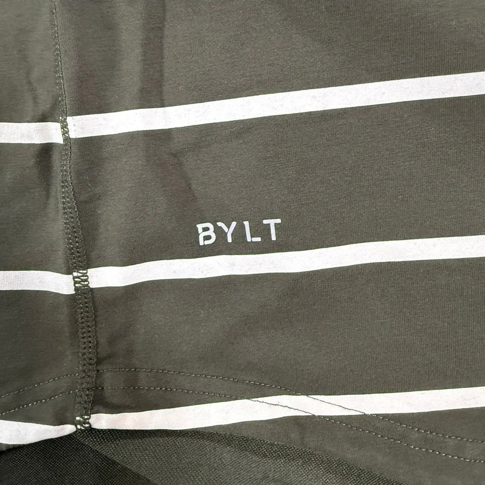 BYLT Drop Cut SS Lux Shirt Mens Medium Green White Striped‎ Curved Hem Tee